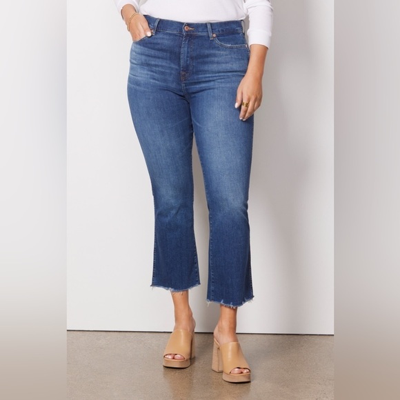 7 For All Mankind Jeans Womens 31 Highwaist Slim Kick Ankle Distressed Raw Hem - Picture 1 of 15